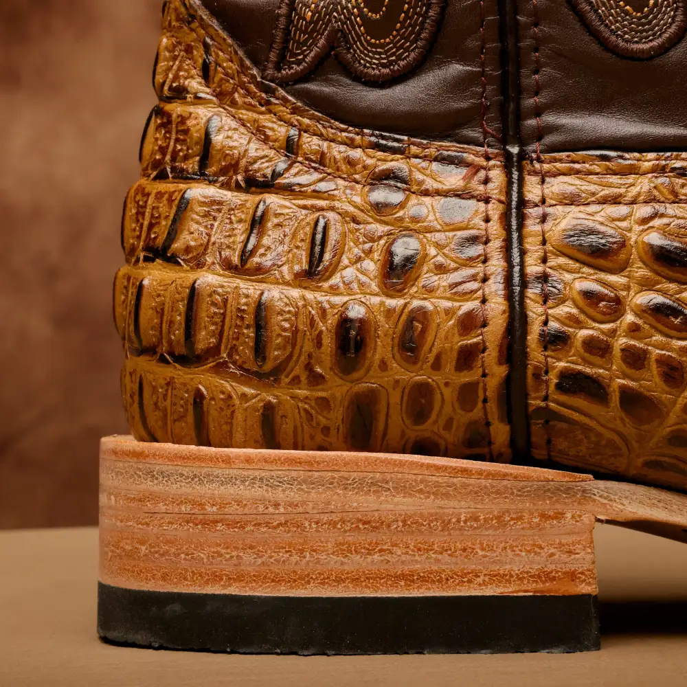 Honey Caiman Neck Leather Boots - Square Toe