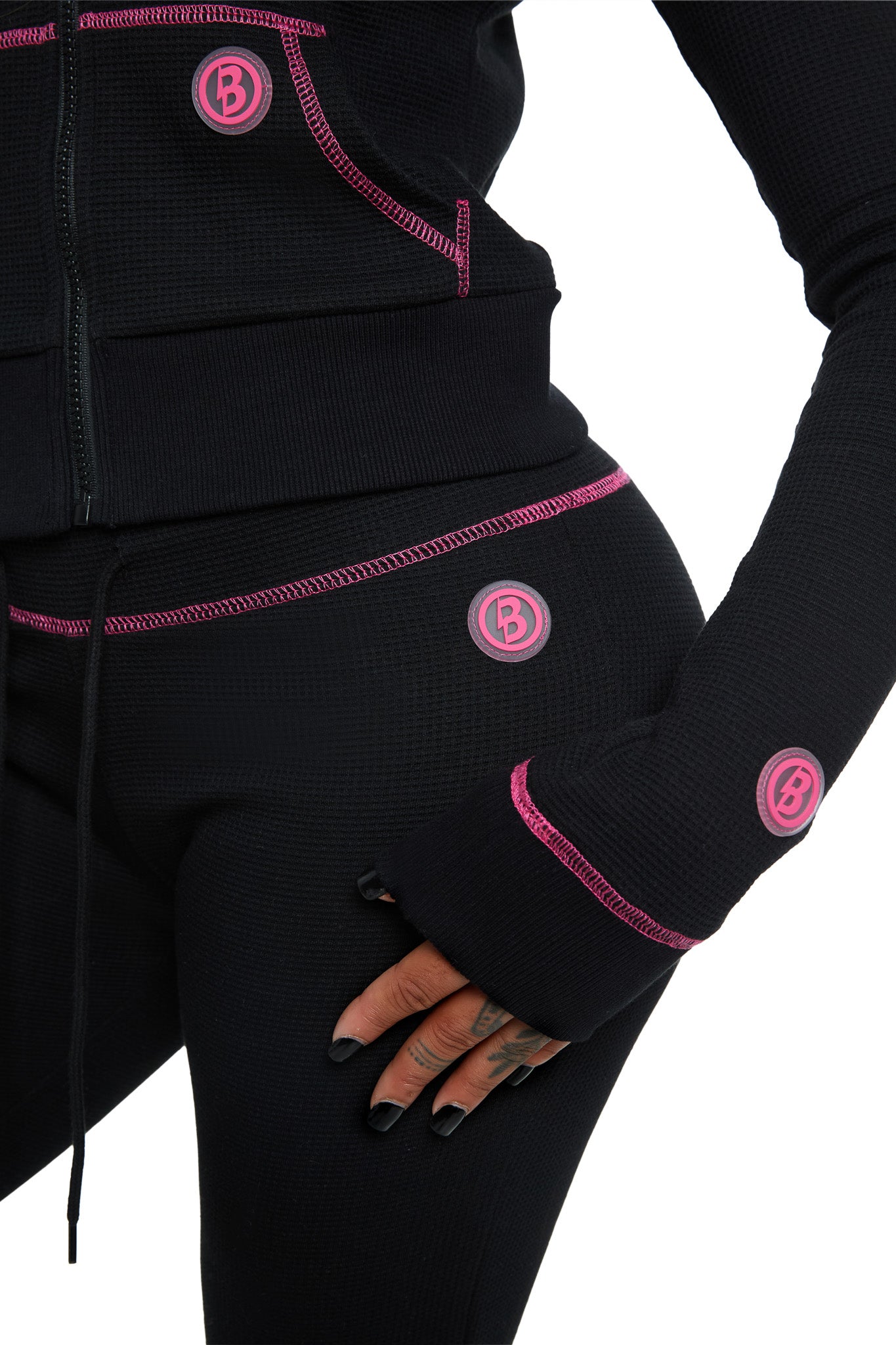 WAFFLE KNIT BOOT CUT PANTS (BLACK/PINK)