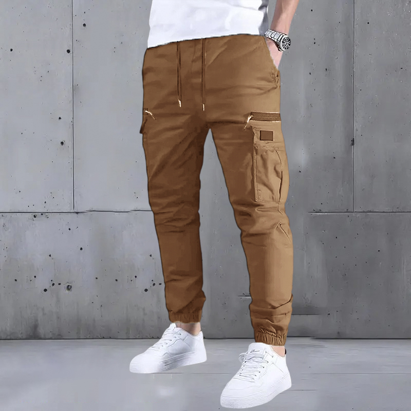 Men’s long cargo pants with a drawstring waist and multiple pockets