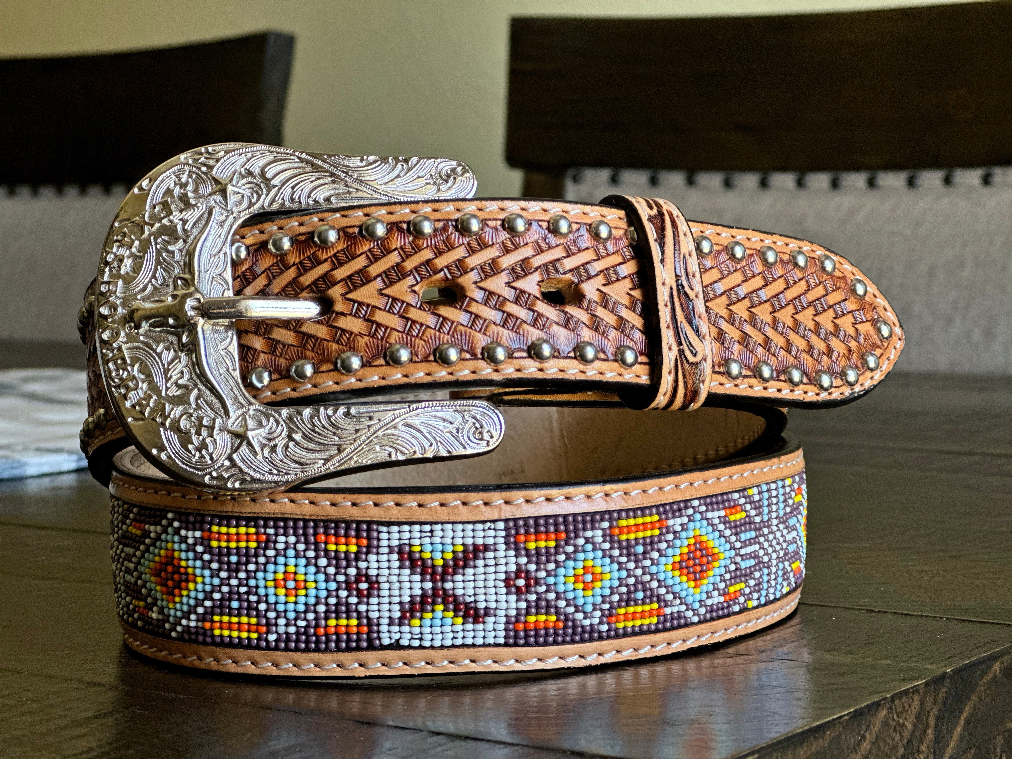 Honey Hand-Tooled Artesanal Tabs With Silver Studs Beaded Leather Belt