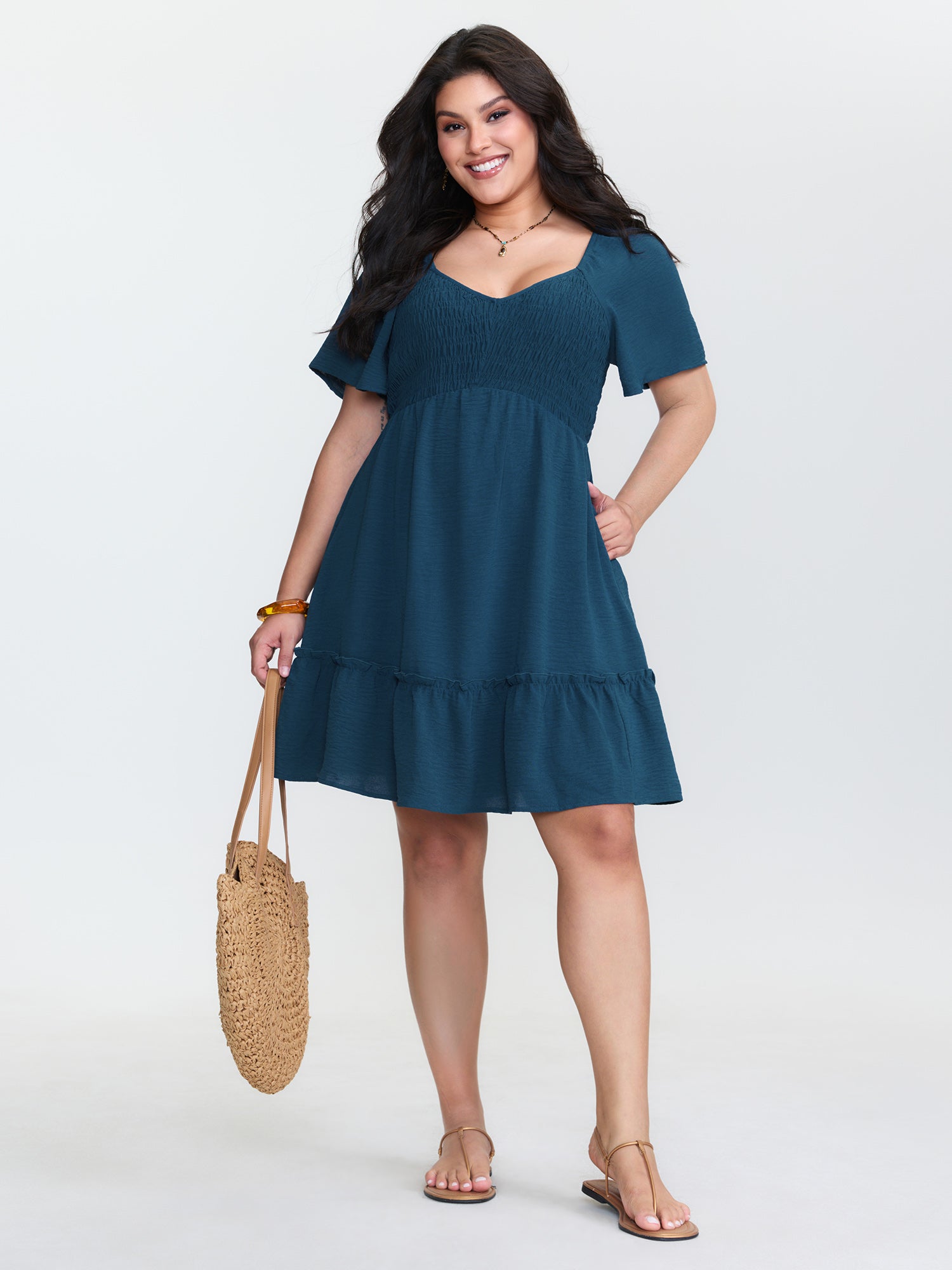 Shirred Bodice Ruffle Hem Flowy Mini Dress