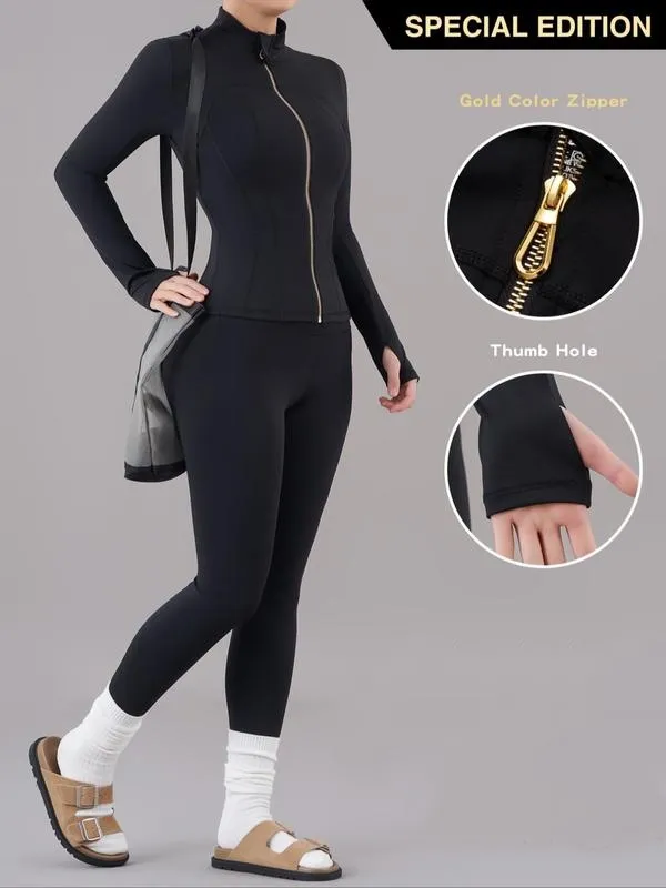 Women's Solid Zip Up Jacket & High Waist Leggings Tracksuit Set
