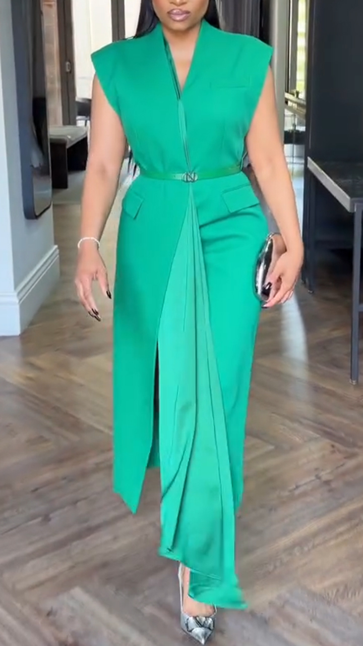 Women V-neck Solid Color Casual Dress with Temperament