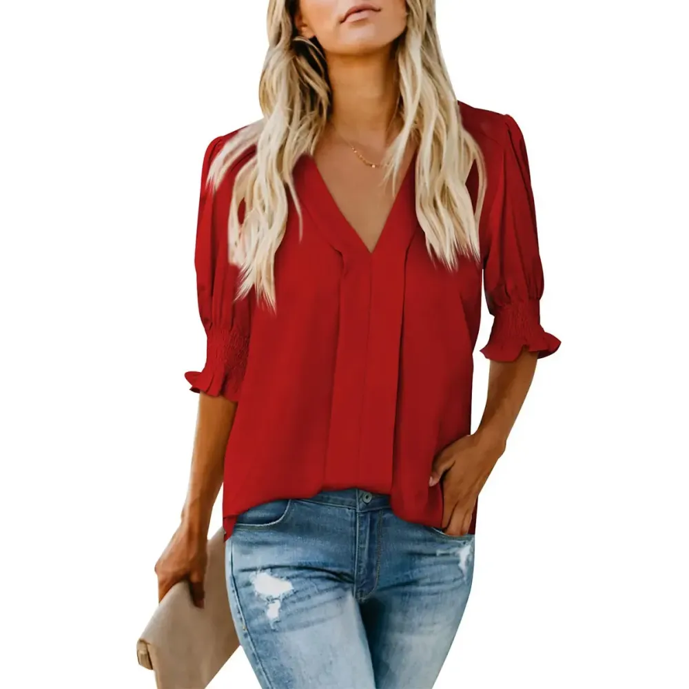 Womens Graphic Solid V Neck T Shirts Tops Casual Ruffle Short Sleeve Blouses Boho Floral