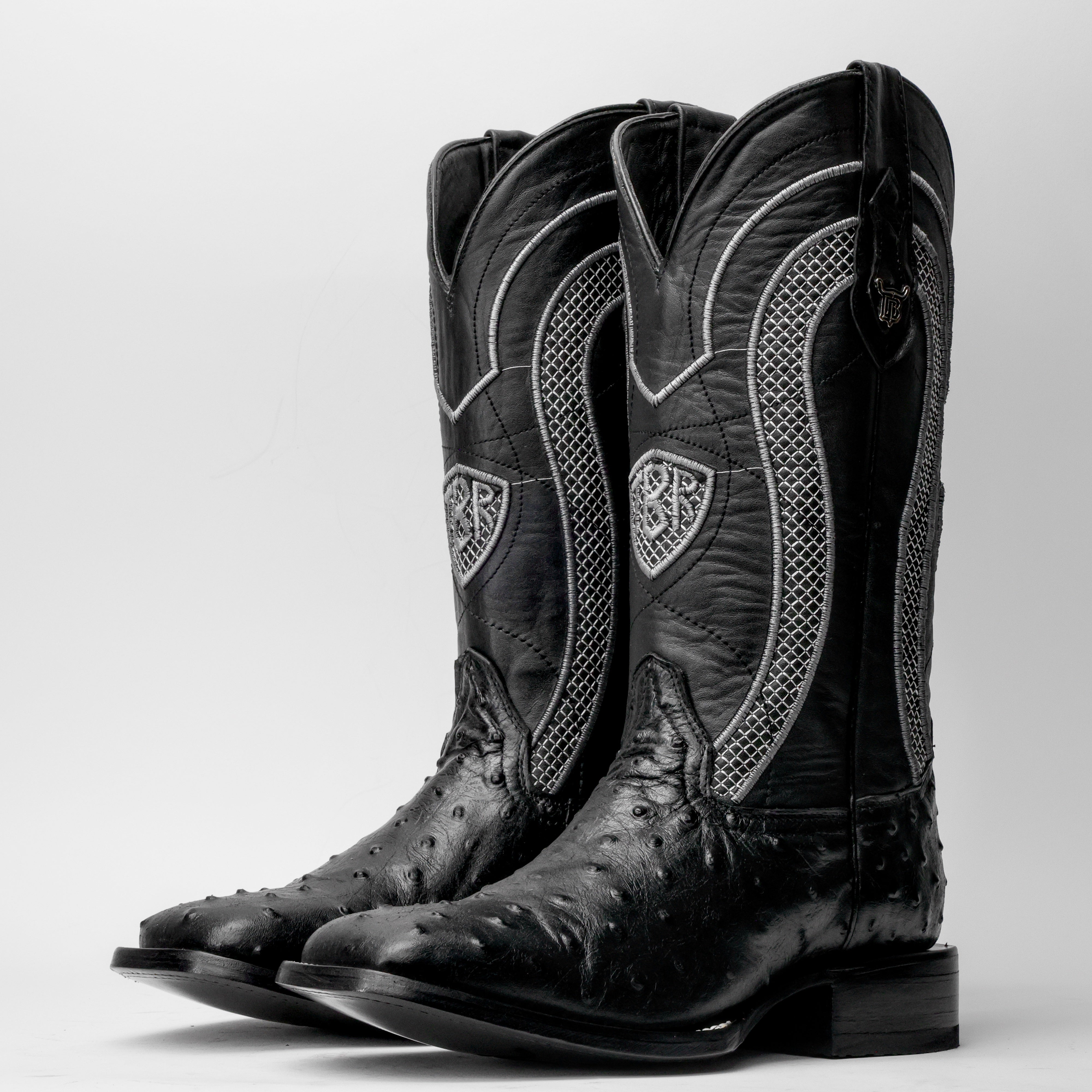 Black Ostrich Leather Boots - Square Toe