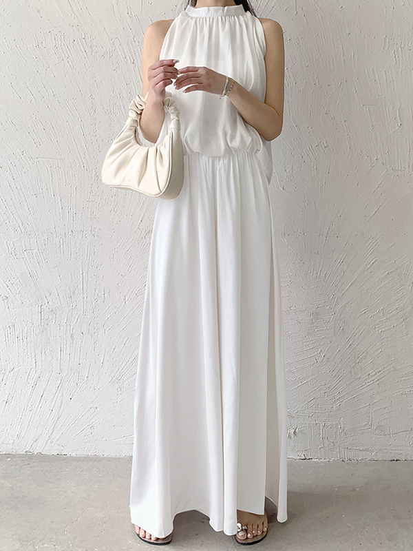 Elasticity Pleated Solid Color High Waisted Loose Pants Culotte