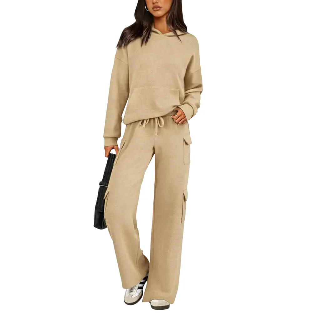 Women’s Casual Knit Tracksuit – Hoodie & Wide Leg Pants with Pockets