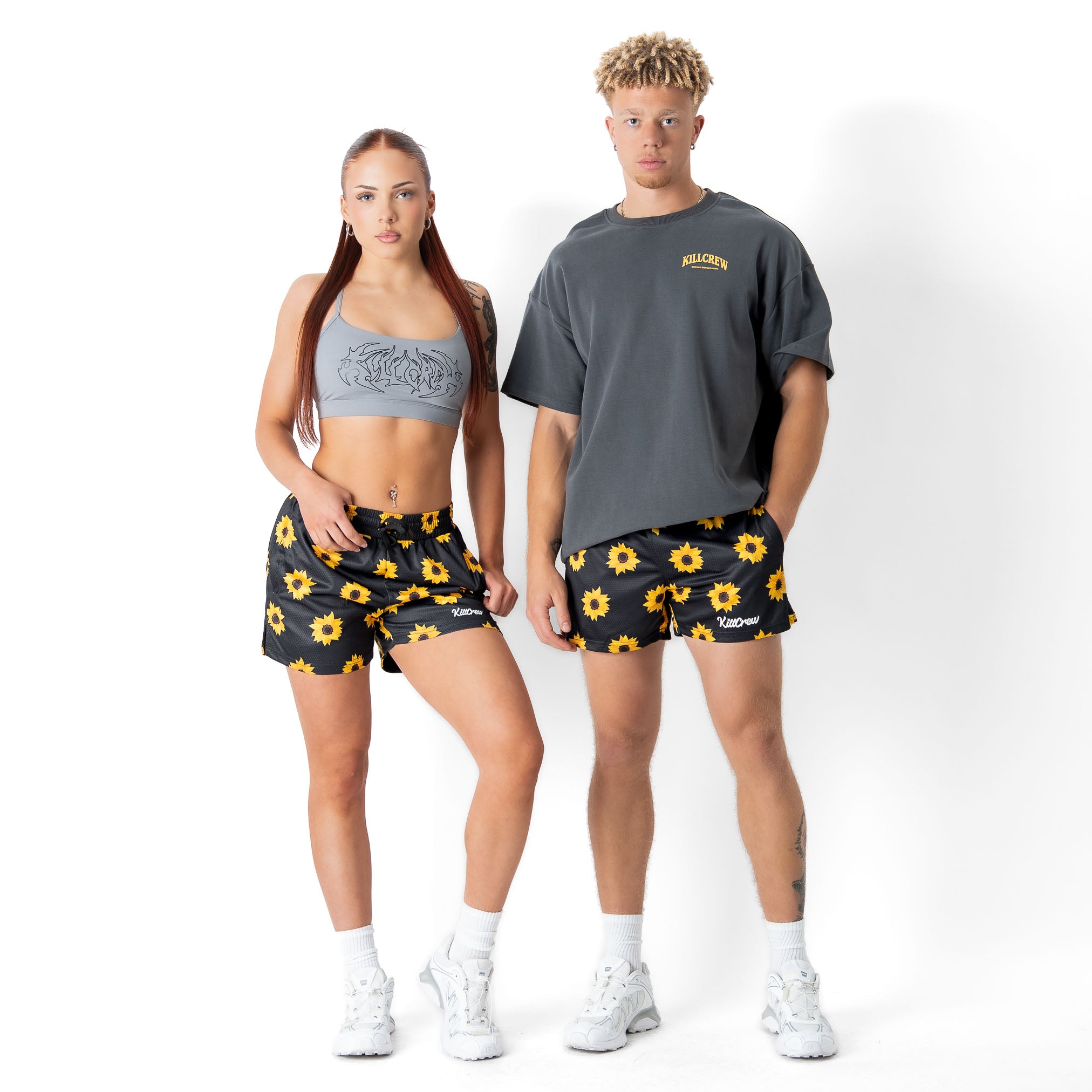 MUAY THAI SHORTS (MID THIGH CUT) SUNFLOWER - BLACK