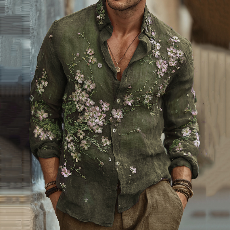 Men's Vintage Japanese Sakura Embroidered Art Lapel Long Sleeve Linen Shirt
