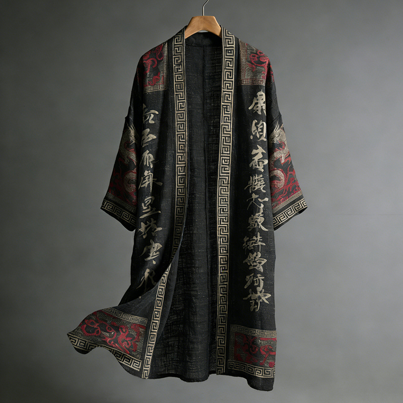 Men's Japanese Dragon Pattern Calligraphy And Painting Art Linen Long Kimono