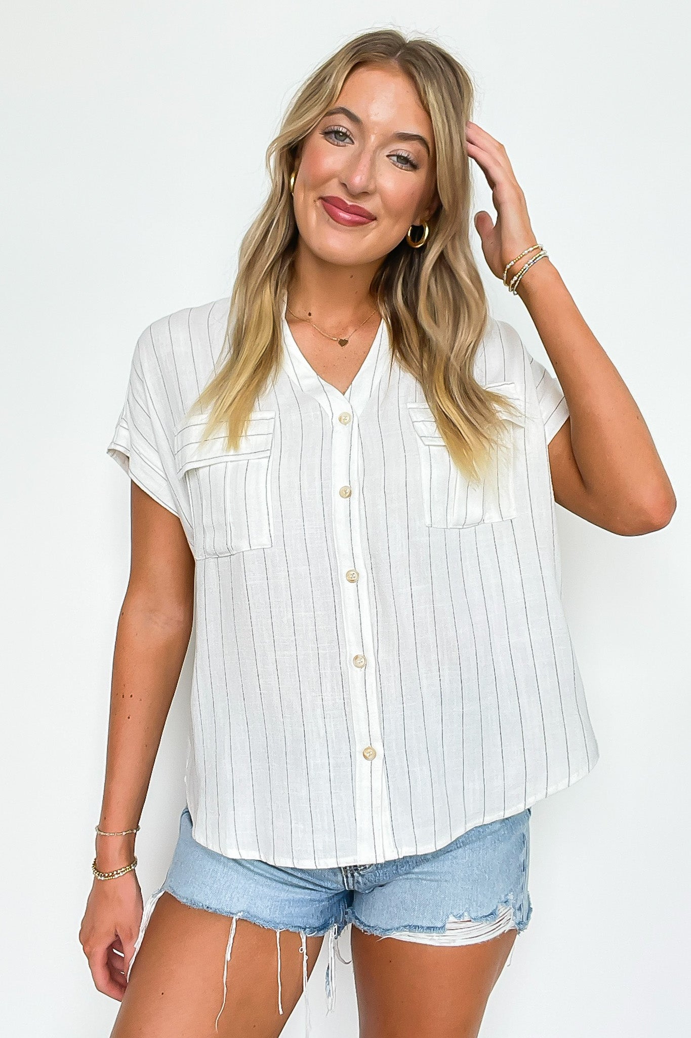 Pinstripe Dolman V-Neck Top
