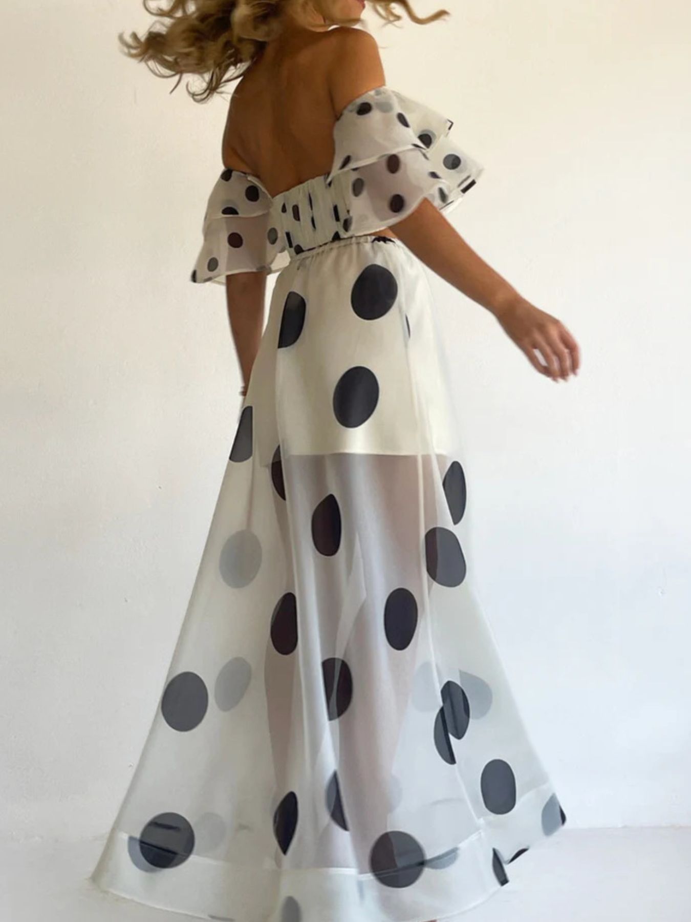 Polka Dot Ruffle Crop Top and Maxi Skirt Set