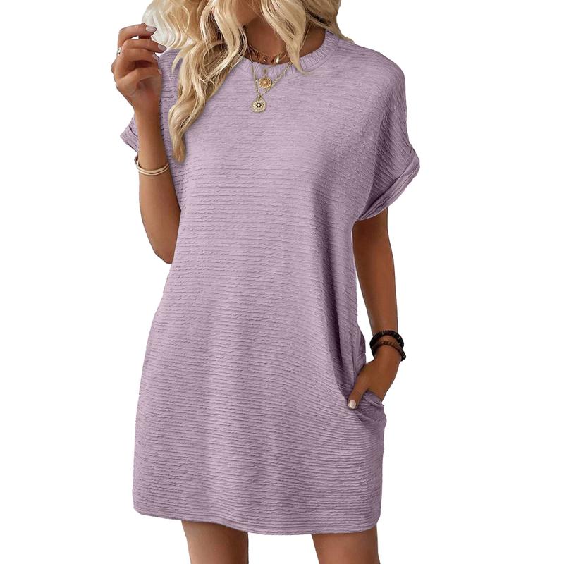 Women’s Casual Mini Dress – Lightweight Stretchy Short Sleeve Crewneck Dress for Summer & Beach Outfits
