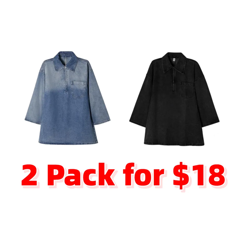 Women's Denim Dress Half-Zip Collared Vintage Washed Blue Loose Fit Long Sleeve