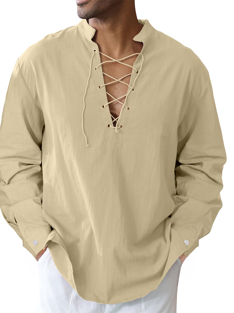 Men's cotton and linen shirt with drawstring sleeves