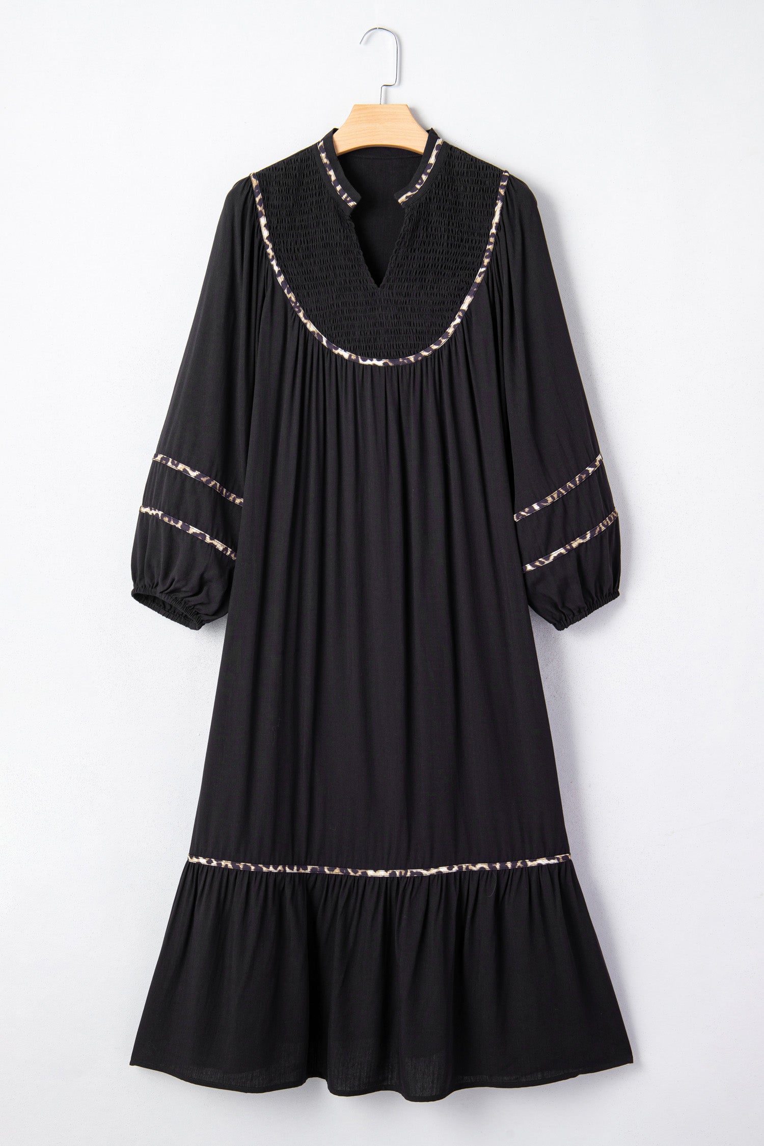 Black Contrast Leopard Trim Split Neck Long Sleeve Casual Midi Dress