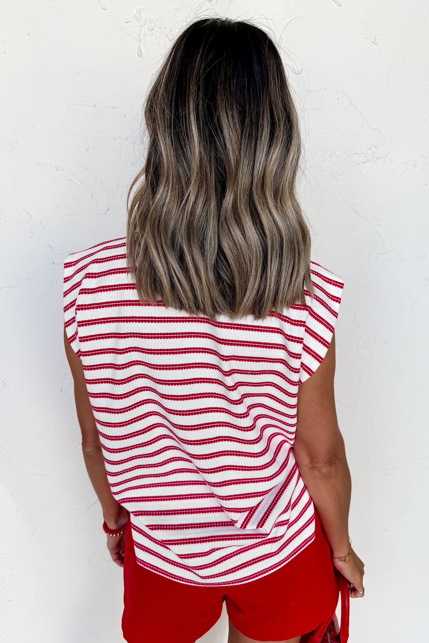 Red Stripe Textured Knit Button Detail Short Sleeve Casual Tee