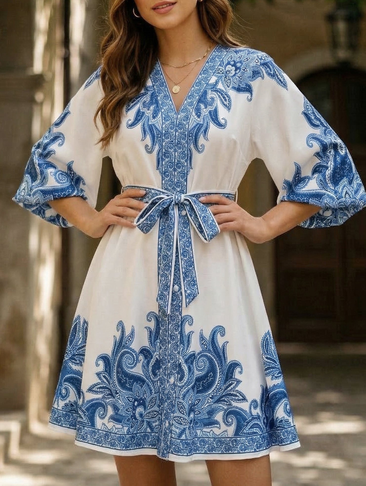 Tie Waist Print Midi Dress