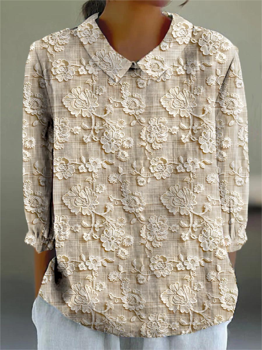 Women's Vintage Floral Art Print Casual Cotton And Linen 3/4 Sleeve Shirt
