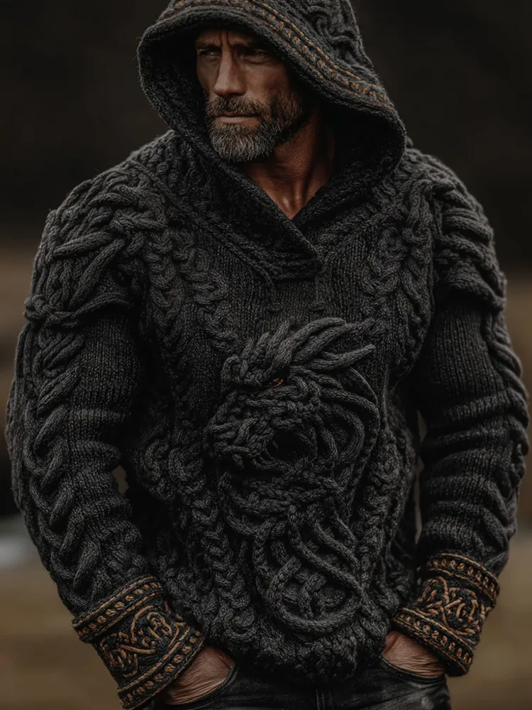 Men's Vintage Viking Dragon Celtic Art Knit Hooded Sweater