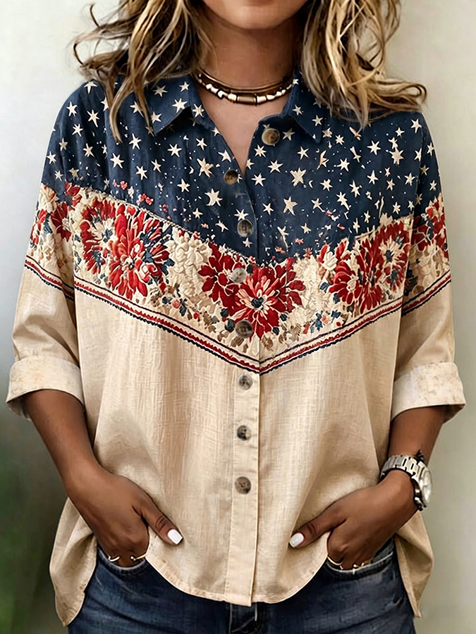 Women'S Retro Independence Day Floral Flag Printed Cotton Linen Shirt
