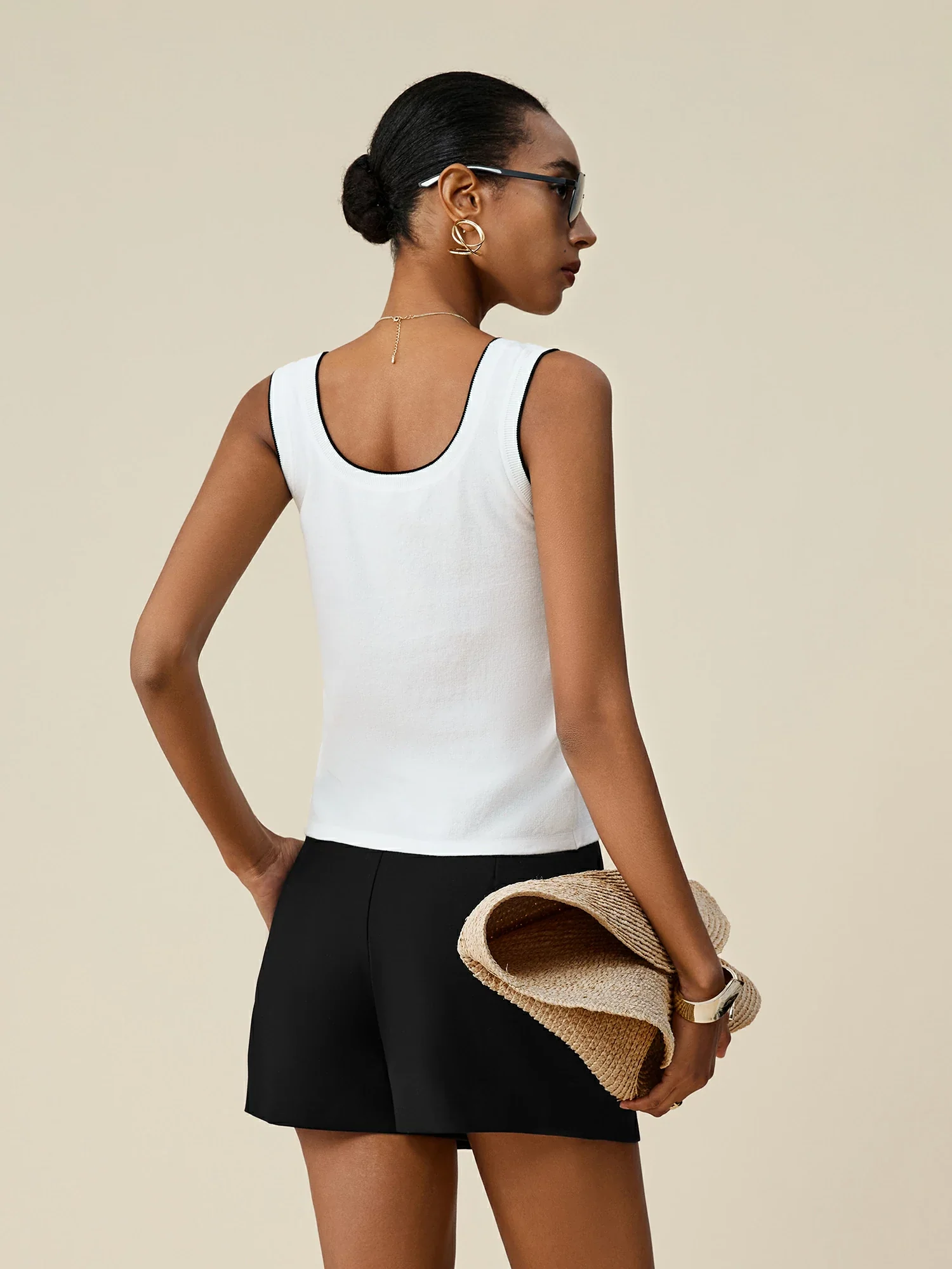 Cotton & Linen U-Neck Contrast Trim Vest