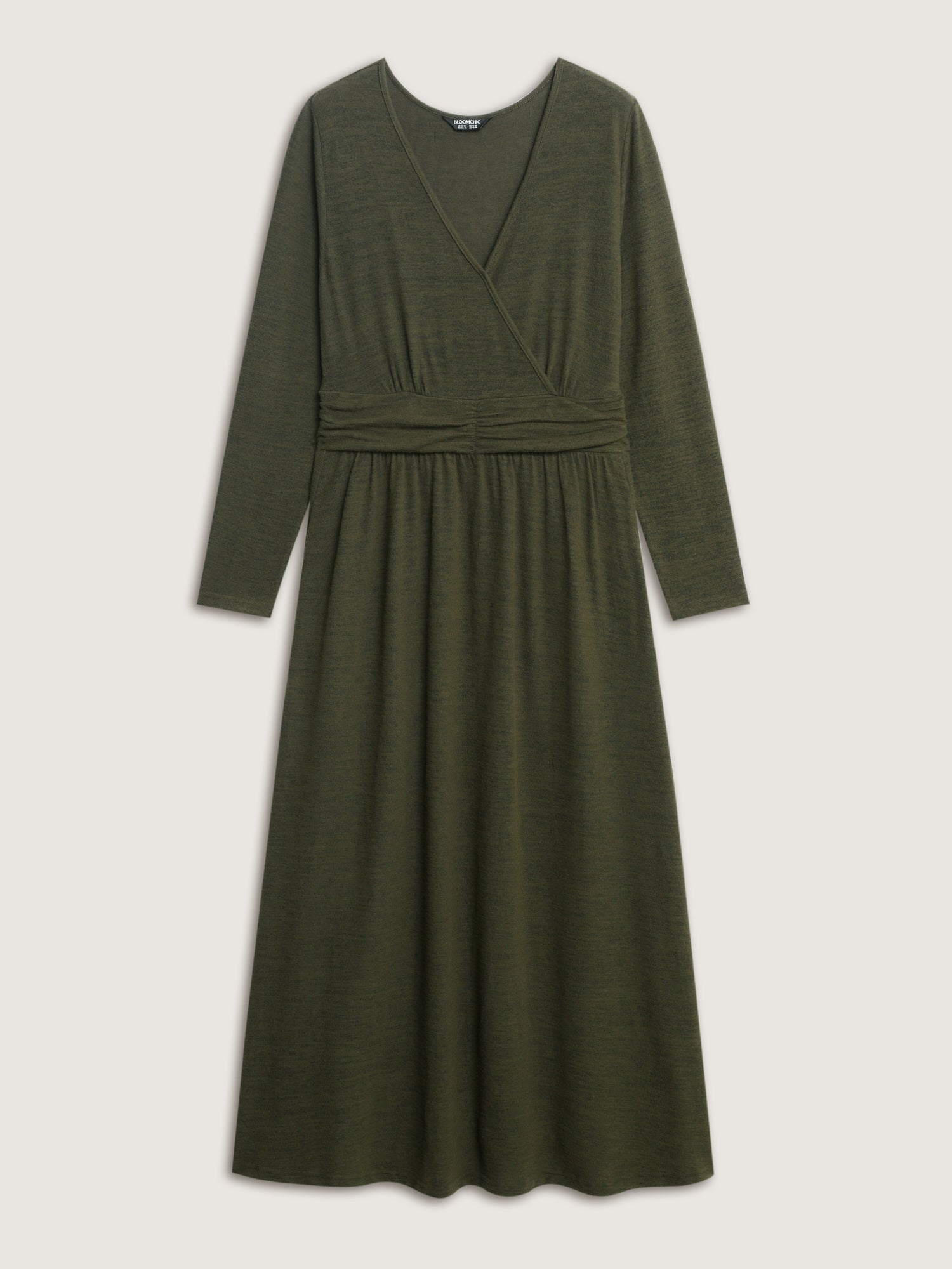Pleated Waist Wrap Neckline Knit Maxi Dress