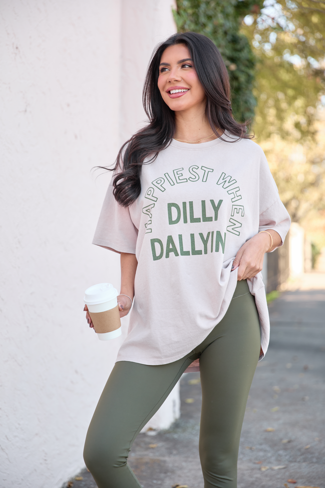 Happiest When Dilly Dallying Taupe Oversized Graphic Tee