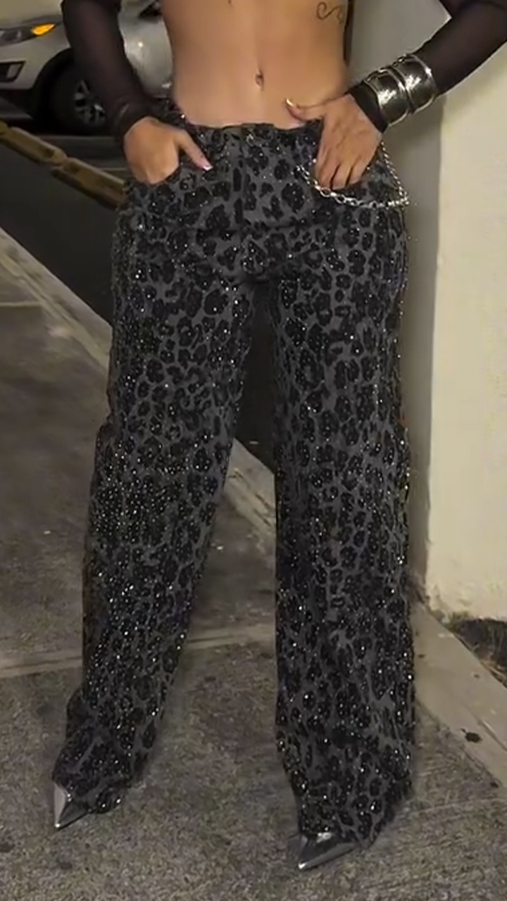 Women Leopard Print Rhinestone Casual Pants