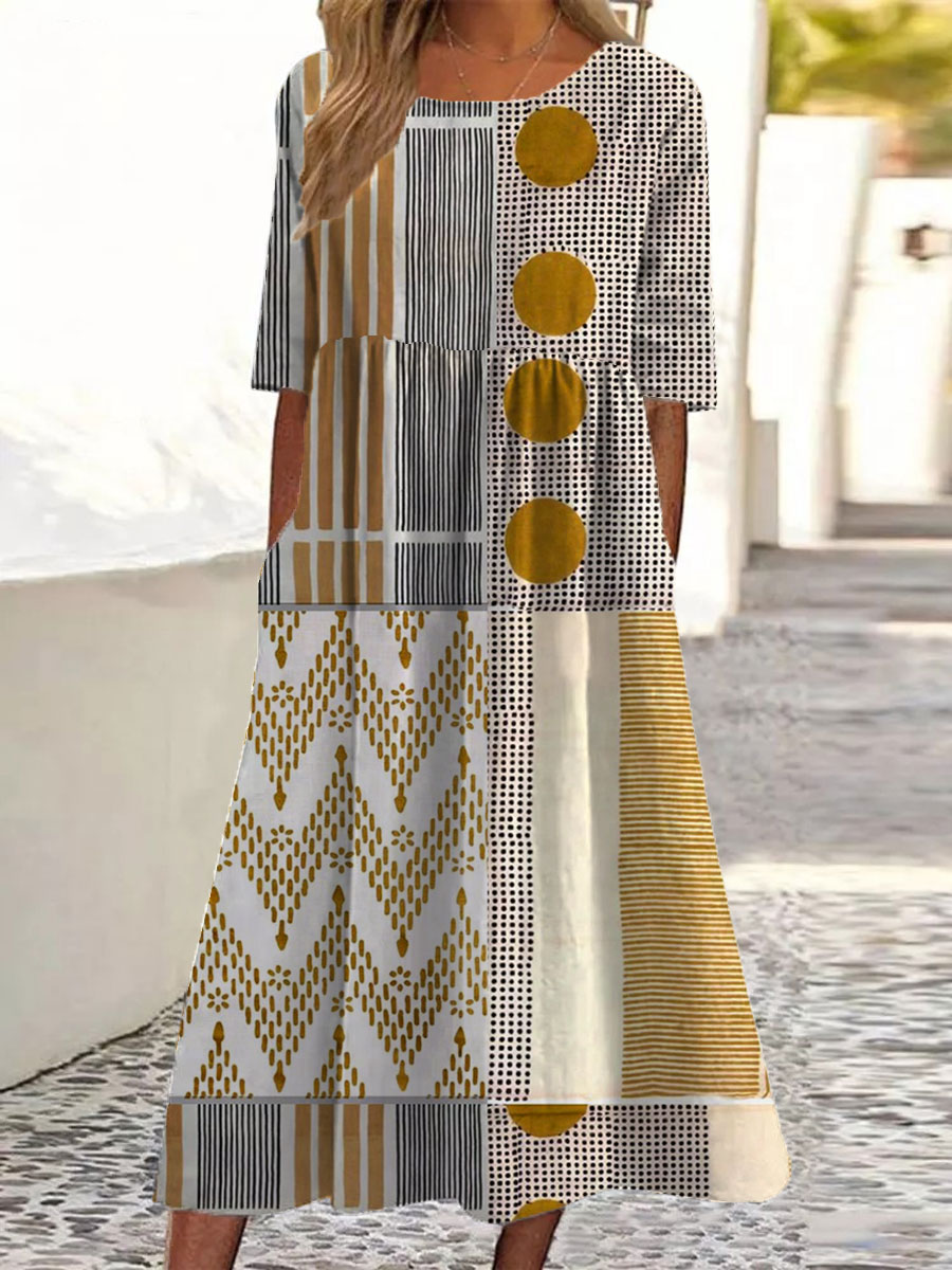 Women's Vintage Abstract Geometry Art Print Casual Cotton And Linen 3/4 Sleeve Shirt