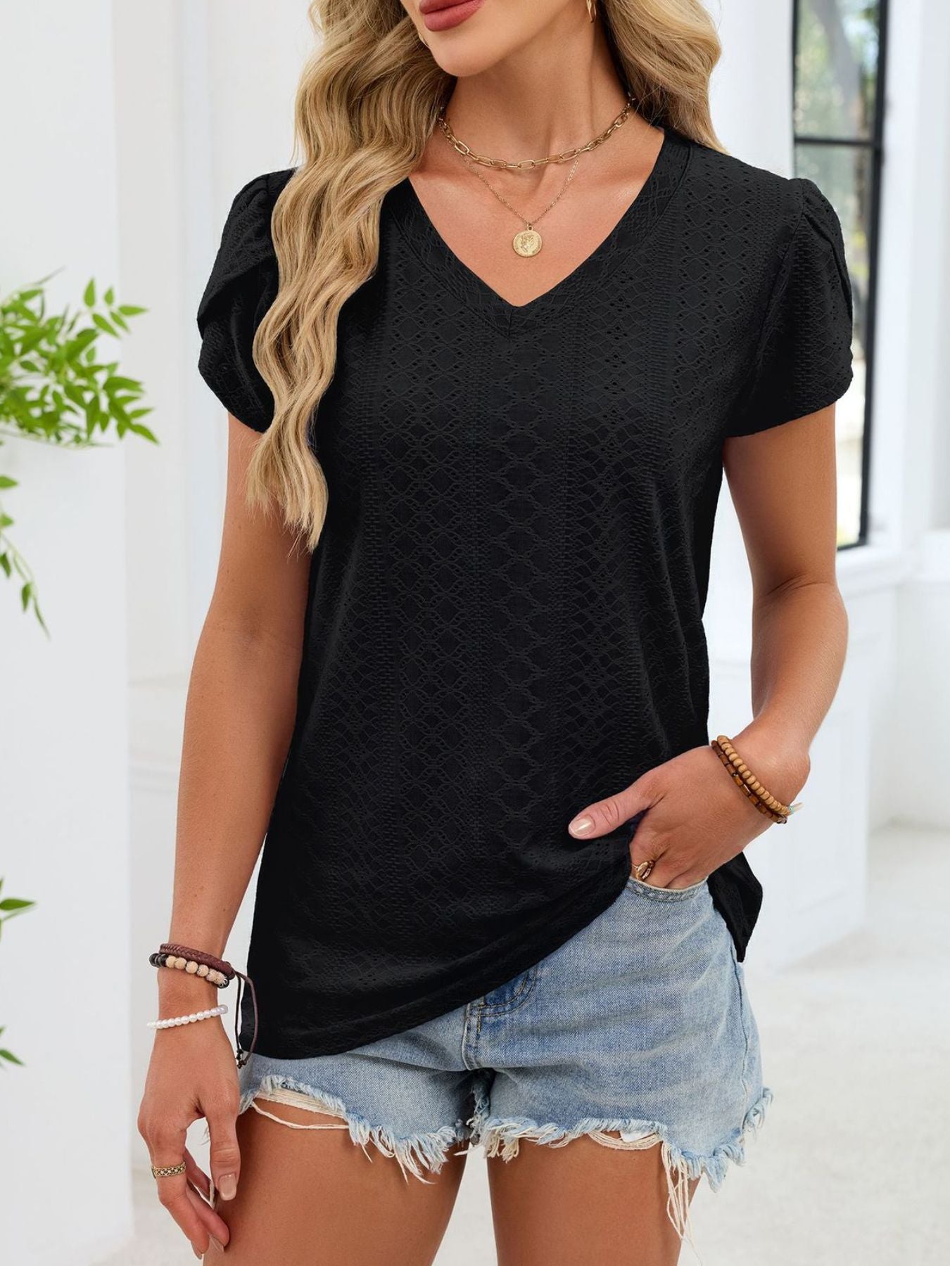 Eyelet Petal Sleeve V-Neck T-Shirt