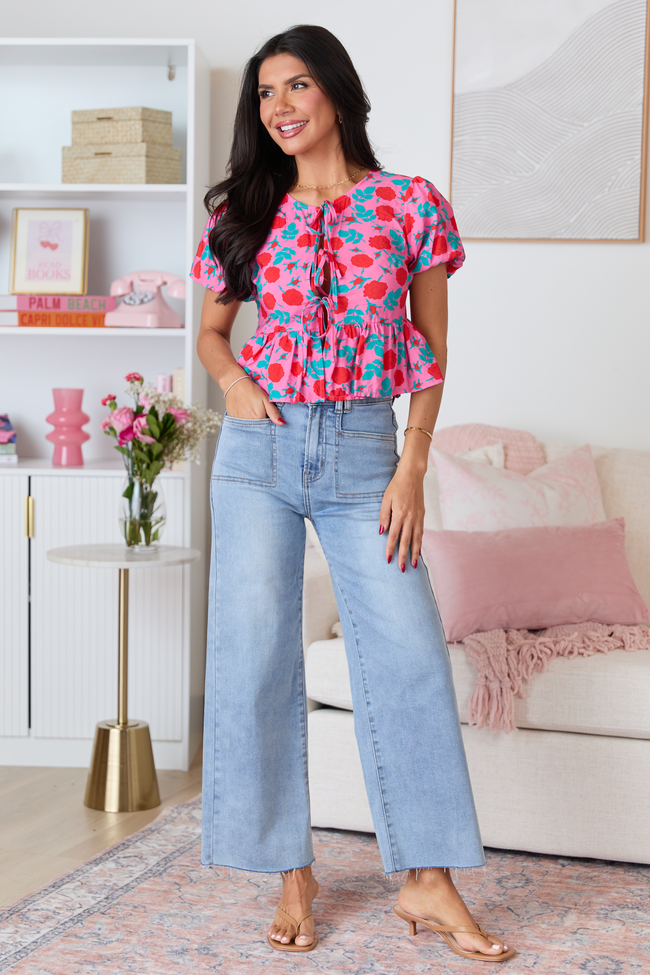 Mila Pink And Red Floral Tie Front Flounce Woven Blouse