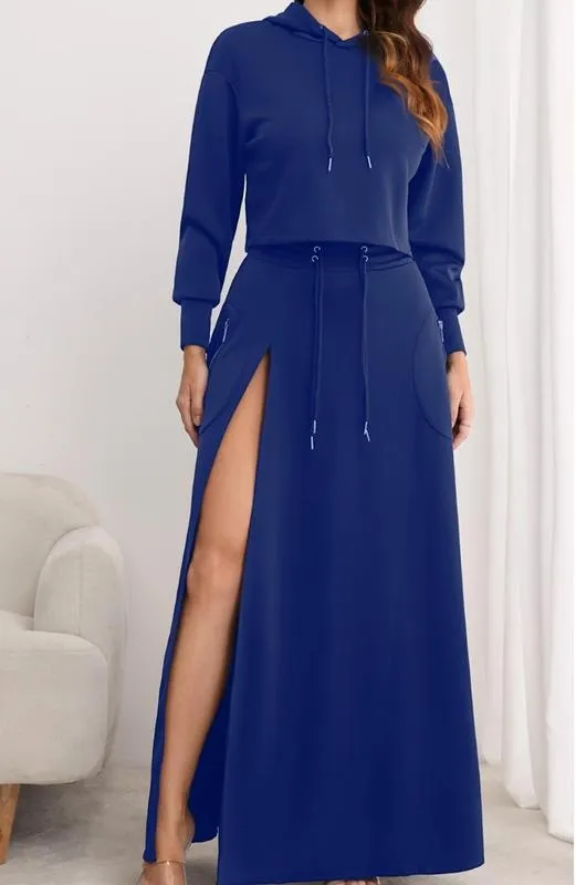 Women's Solid Drawstring Hoodie & Split Thigh Skirt Set