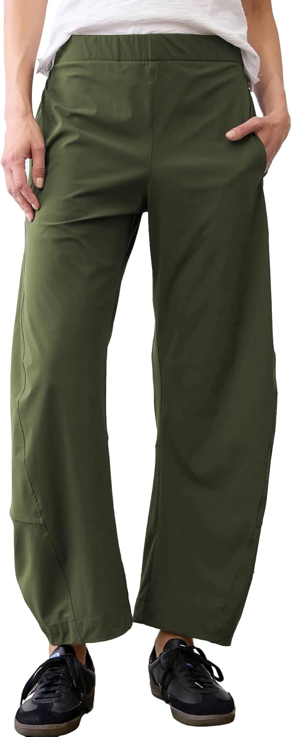 Women Barrel Travel Pants Elastic Waistband Tapered Leg Baggy Mid Rise Work Trousers Lounge Pant with Pockets
