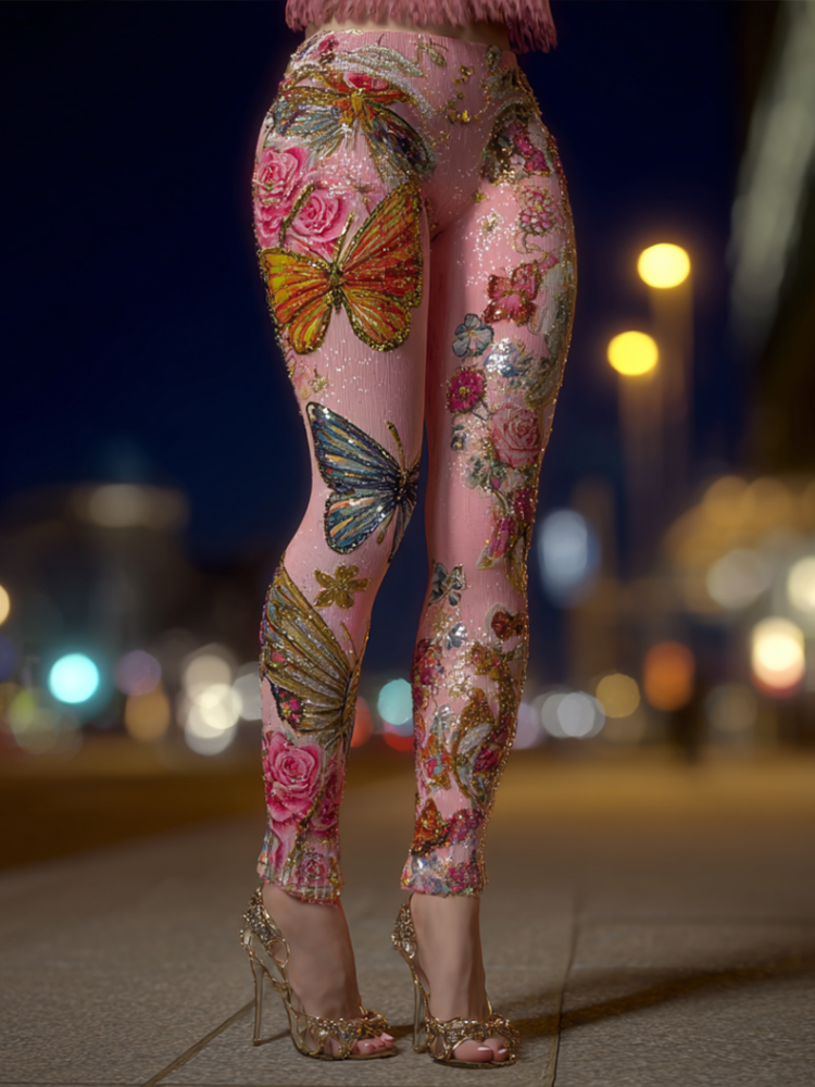 Vintage Butterfly And Rose Art Casual Leggings