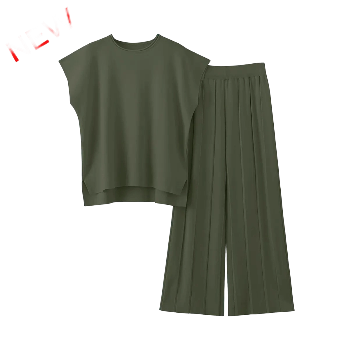 ✨ Women’s Knit Two-Piece Lounge Set – Cap Sleeve Top & Wide Leg Pants