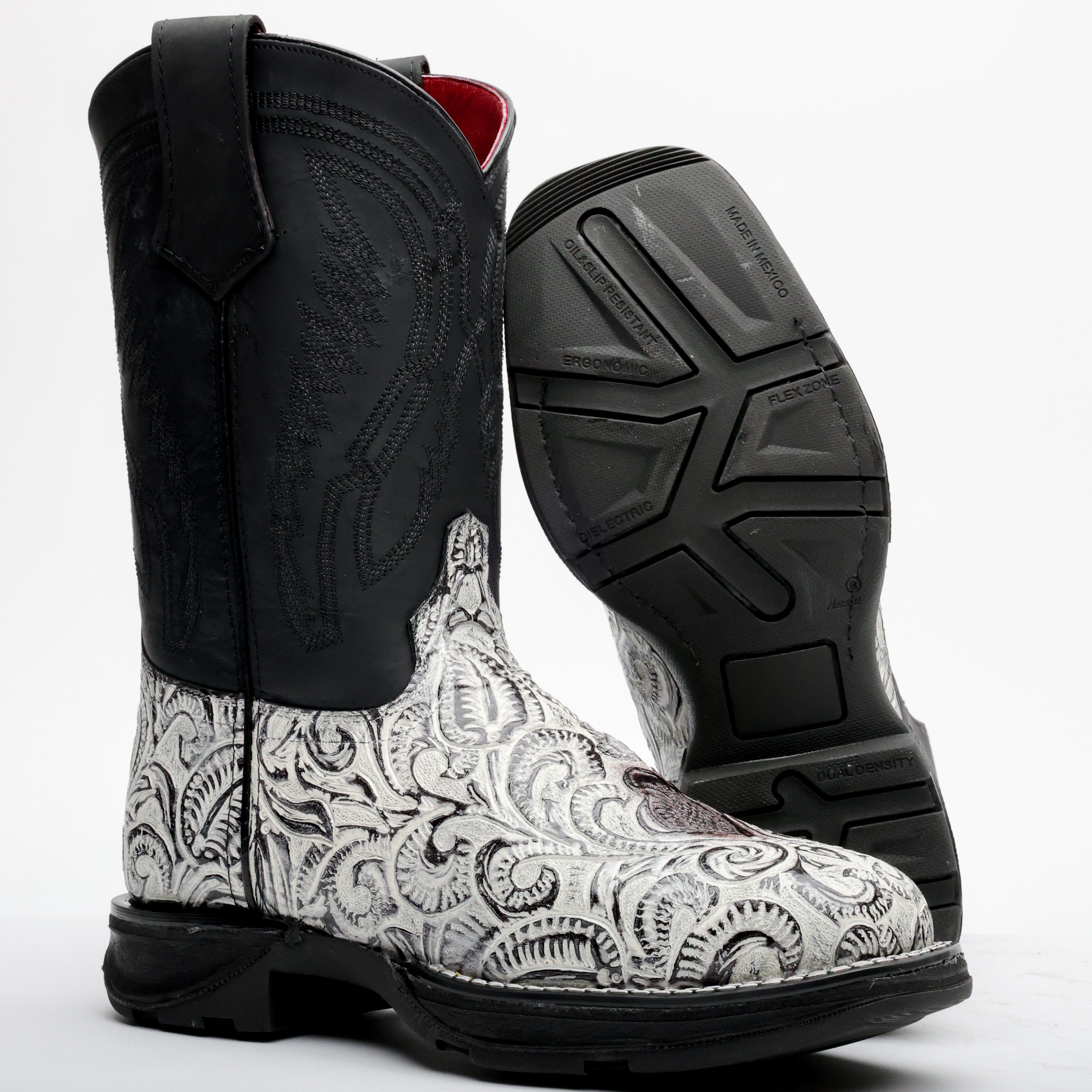 Snow White Hand-Tooled Leather Boots With 3D Lightweight Sole - Composite Toe