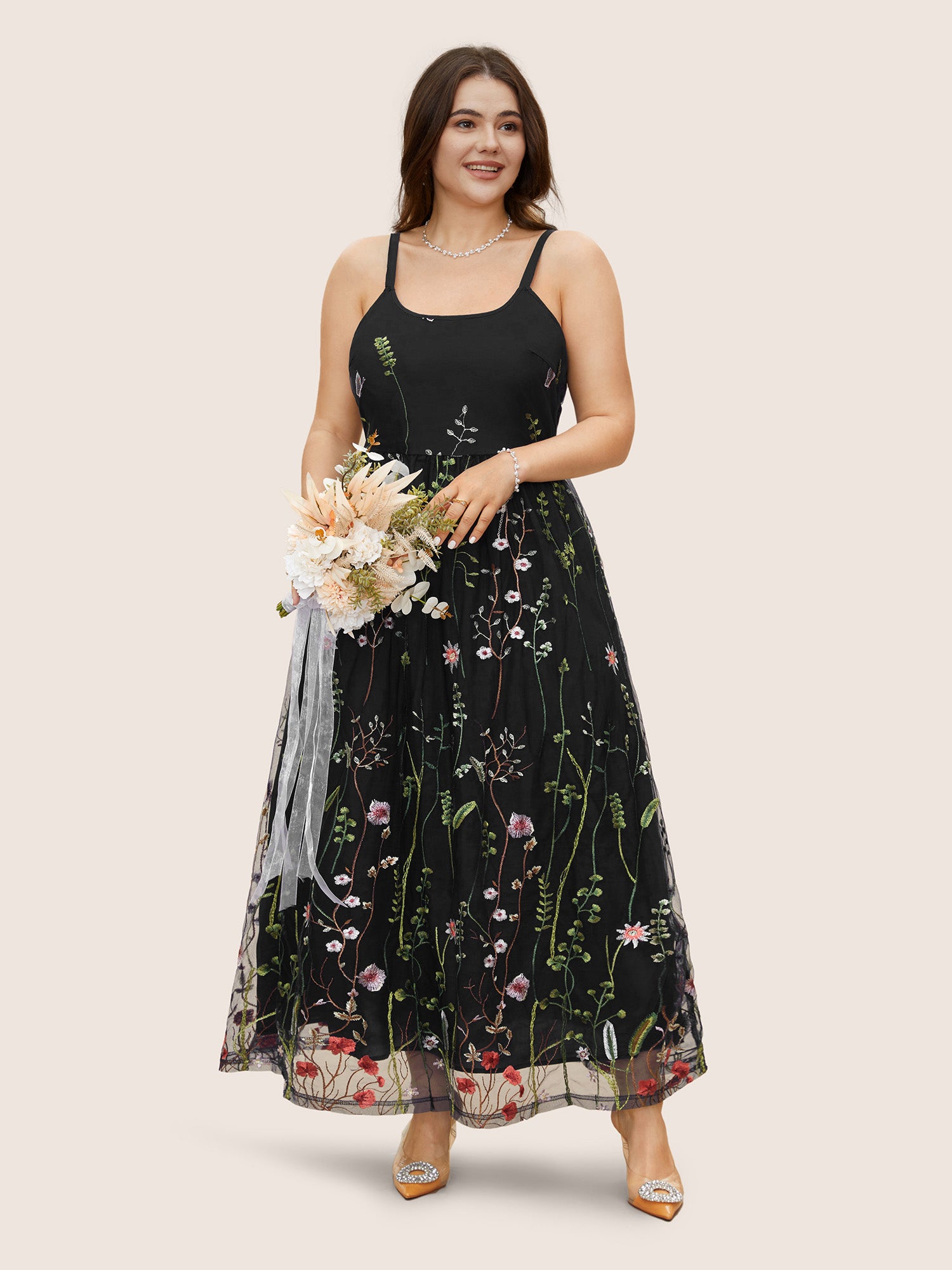 U Neck Floral Embroidered Mesh Cami Dress