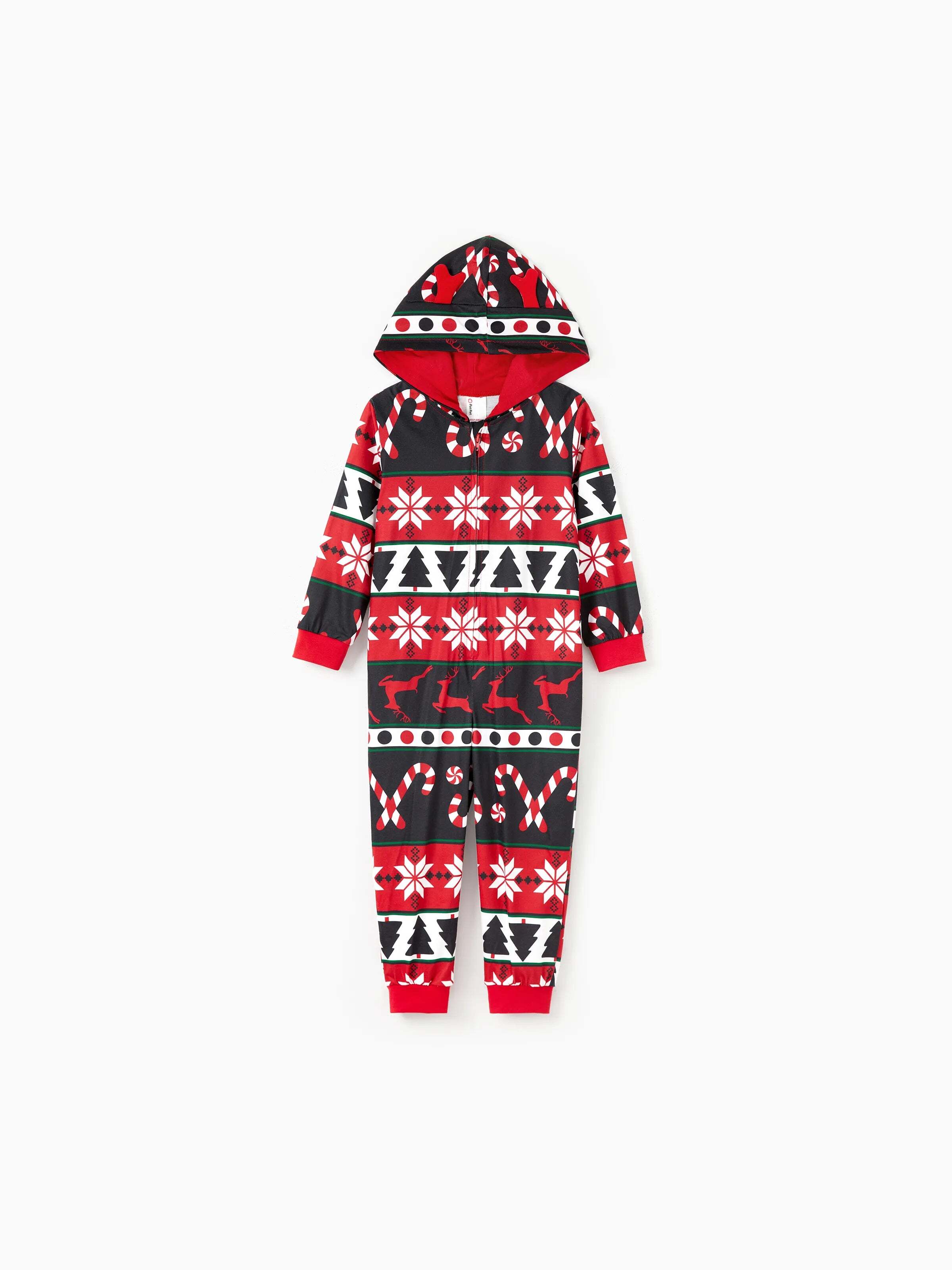Christmas Pajamas 3D Reindeer Pattern Zipper Hooded Onesies Matching Family Outfits red/black