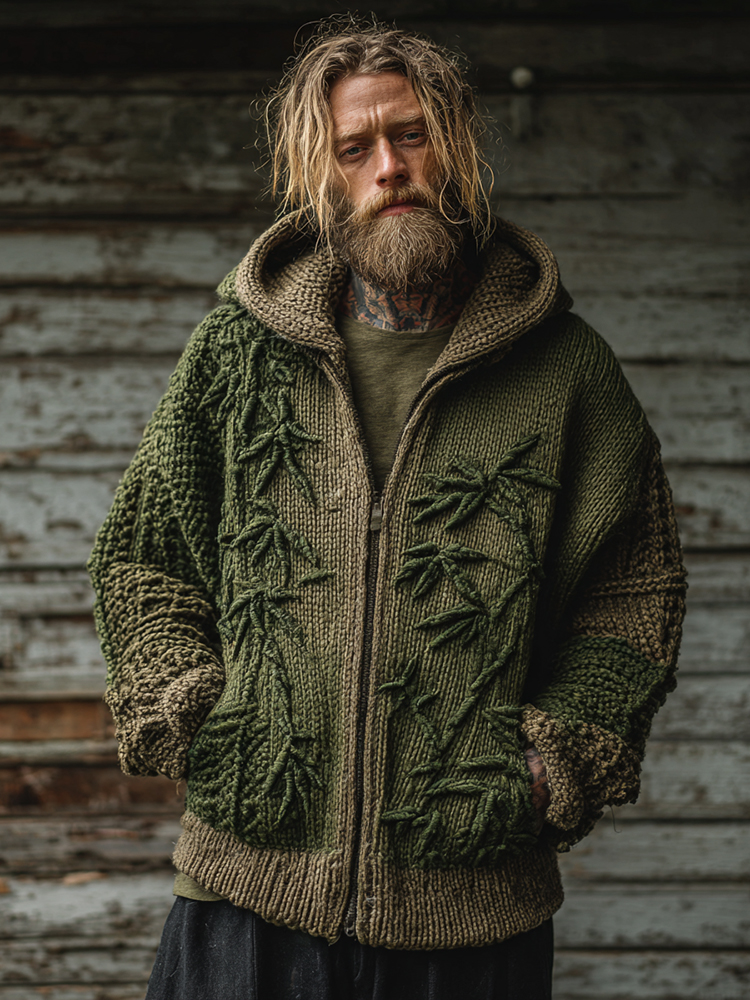 Men's Vintage Bamboo Embroidery Art Knit Zip Up Hooded Sweater