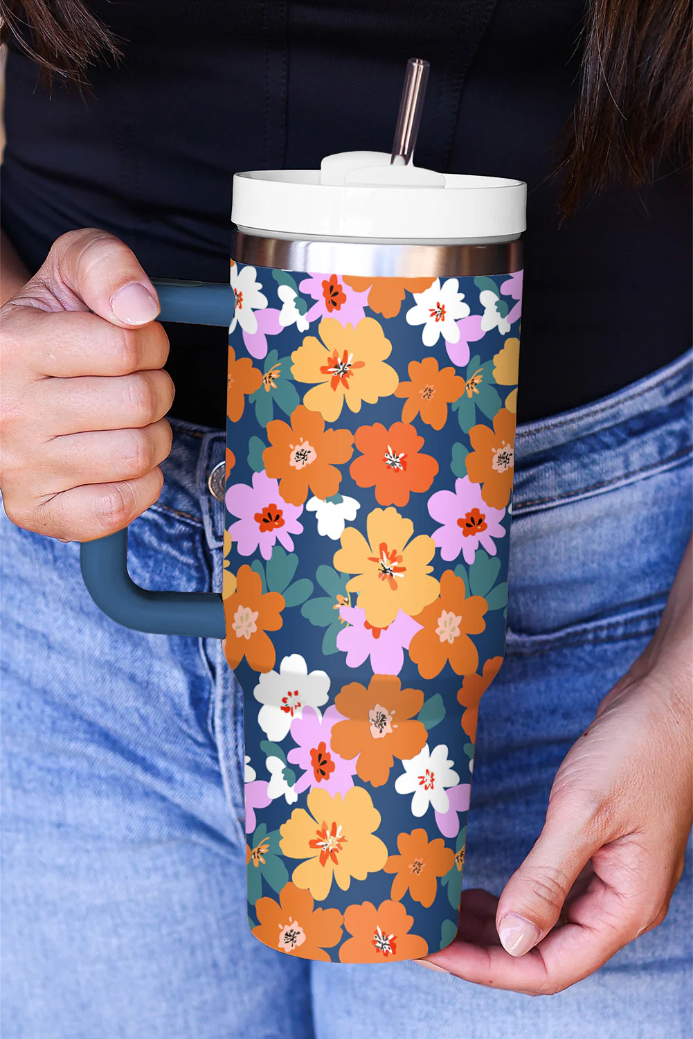 Ashleigh Blue Flower Print Handle Large Thermal Tumbler 40oz