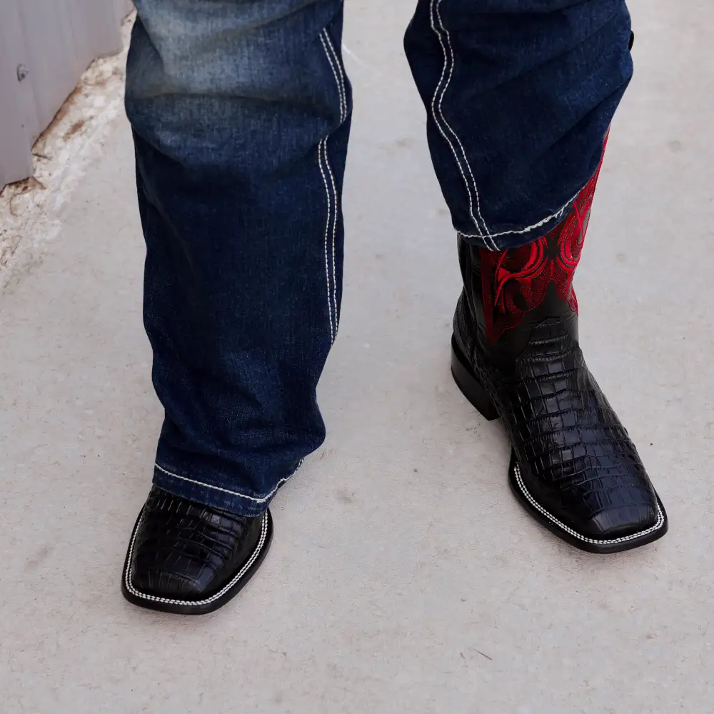 Black Caiman Belly Leather Boots -Square Toe
