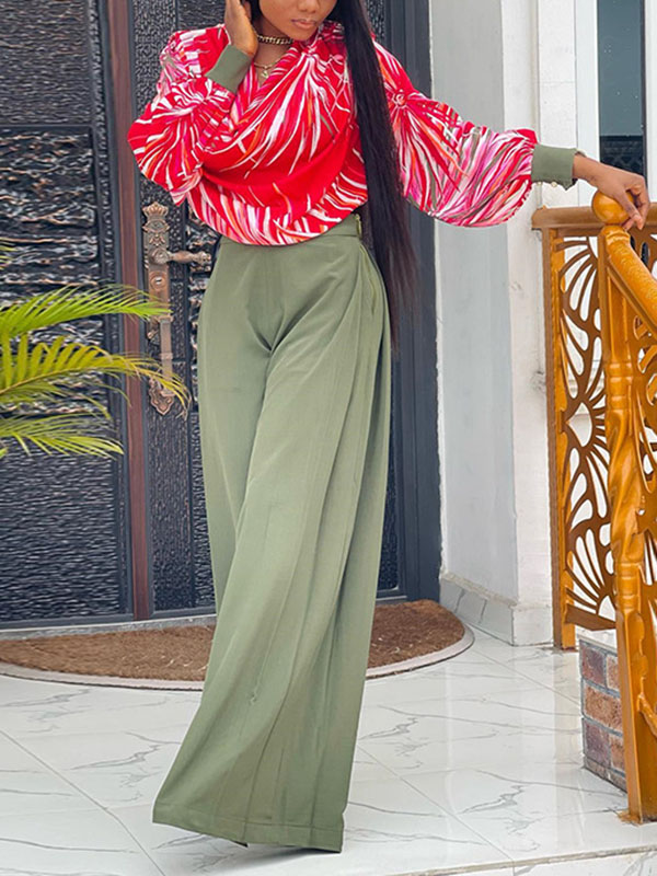 Printed Heaps Collar Long Sleeves Shirts Top + High Waisted Pants Bottom Two Pieces Set