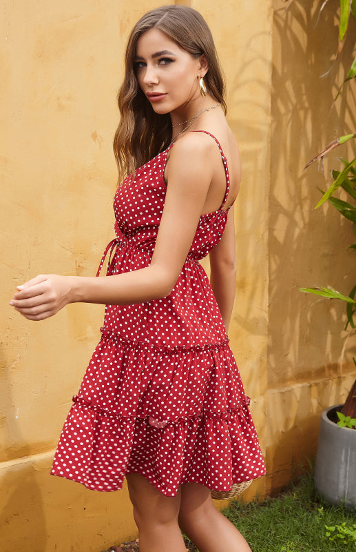 Deep-V Neck Polka Dot Spaghetti Strap Tiered Mini Dress