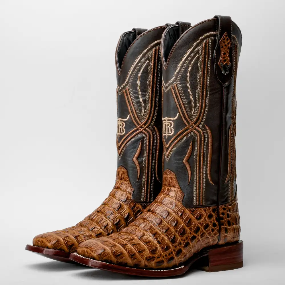 Honey Caiman Hornback Leather Boots - Square Toe