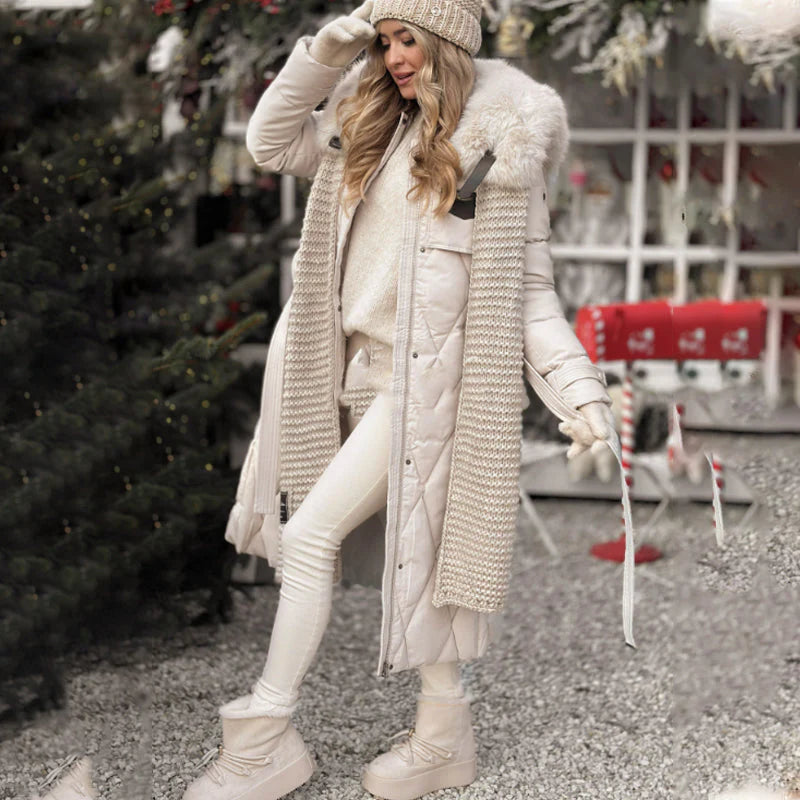 Women's Long Quilted Coat with Fur Collar