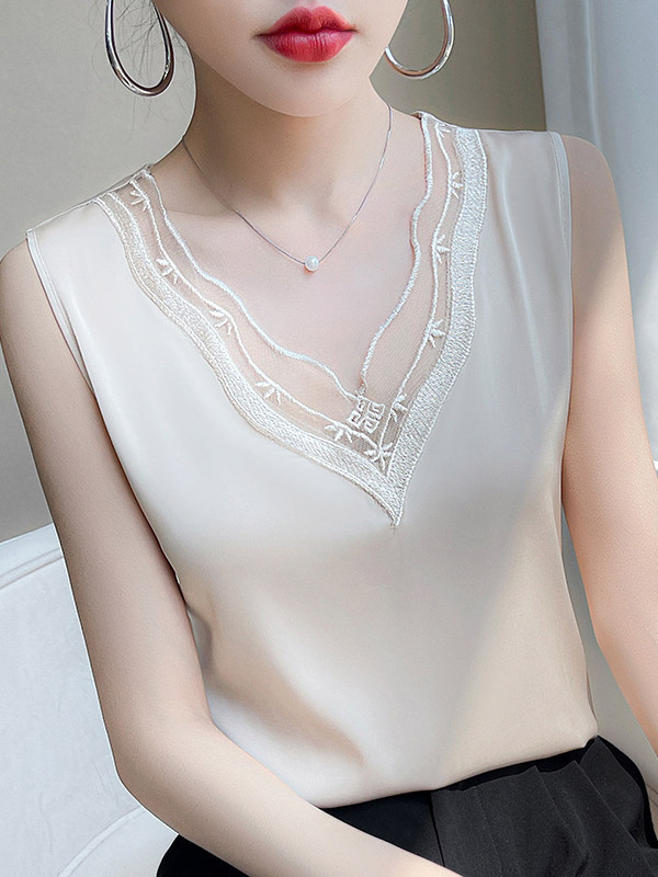 Solid Color Split-Joint Loose Sleeveless V-Neck Vest Top