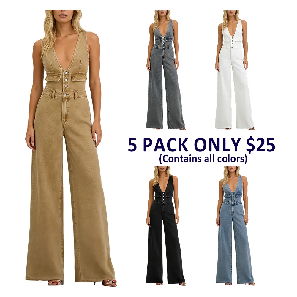 Womens Half Button Denim Jumpsuit Sleeveless V Neck Wide Leg Jeans Overall One Piece Outfits
