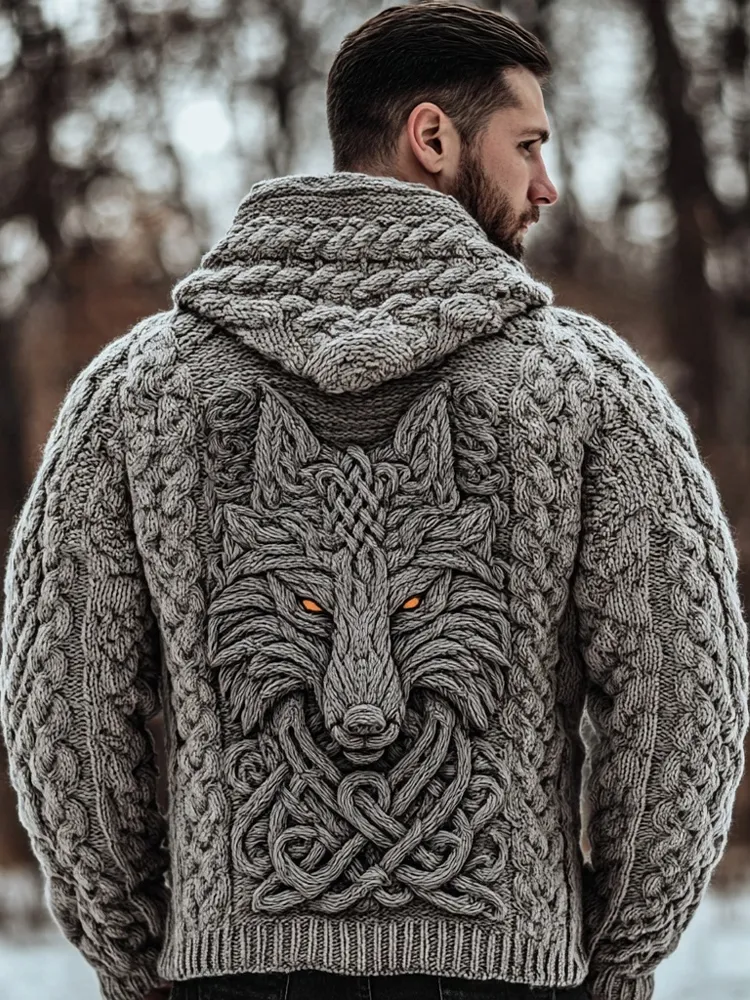 Men's Viking Celtic Wolf Knit Cozy Hooded Sweater