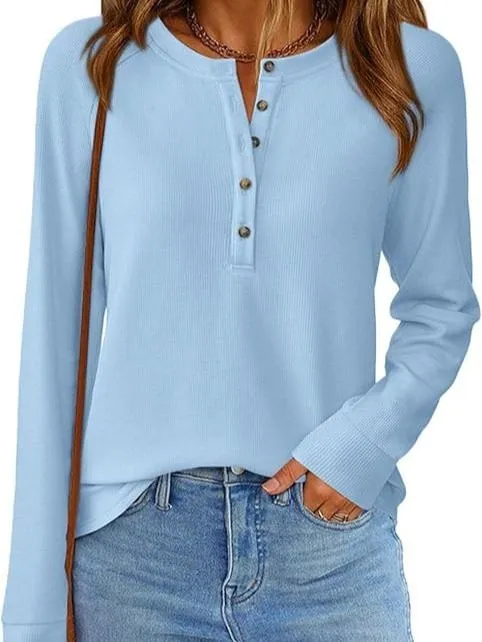 Women's Button Up Waffle Top Long Sleeve Knit Shirts Fall Casual Henley V Neck Tunic Tops